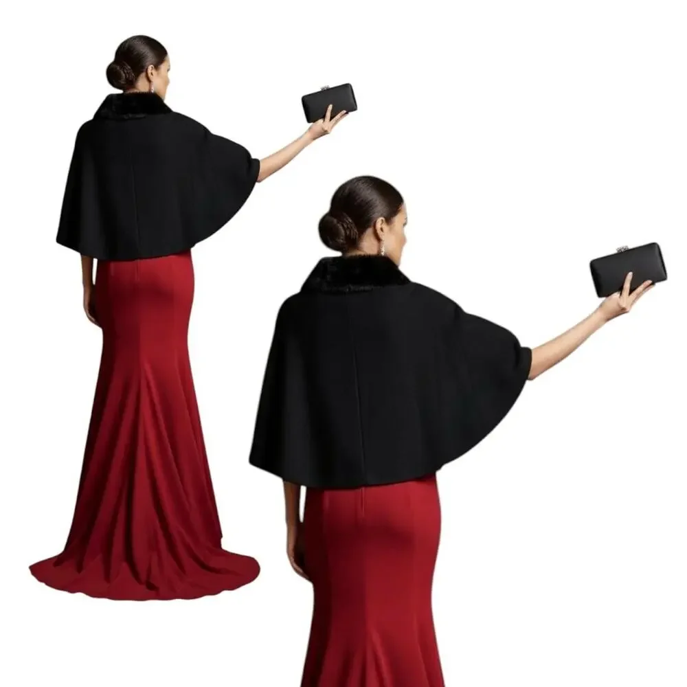 Talbots Black Faux Fur Trim Asymmetrical Hem Cape Poncho Women XS/S Formal Wear - Picture 2 of 14